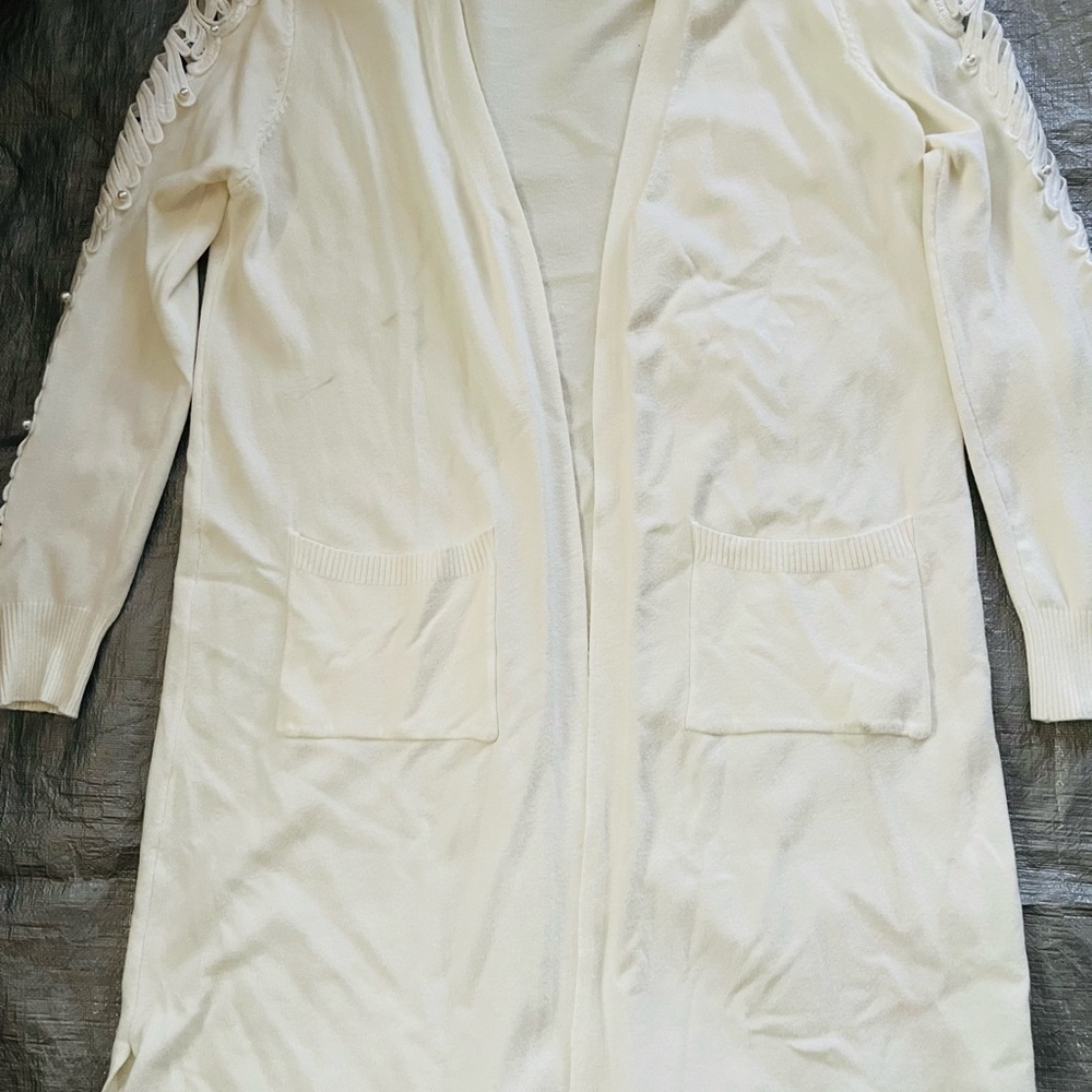 Light Cream Open-Front Long Cardigan with Pocket Trim